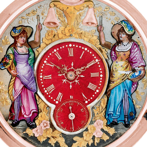 Swiss 18k pink gold repeater with automaton Circa 1900 Swiss 18k pink gold repeater with automaton Circa 1900
