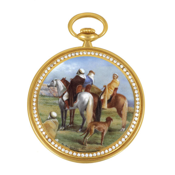 Unique Swiss 18K gold, enamel and diamond set watch Circa 1982