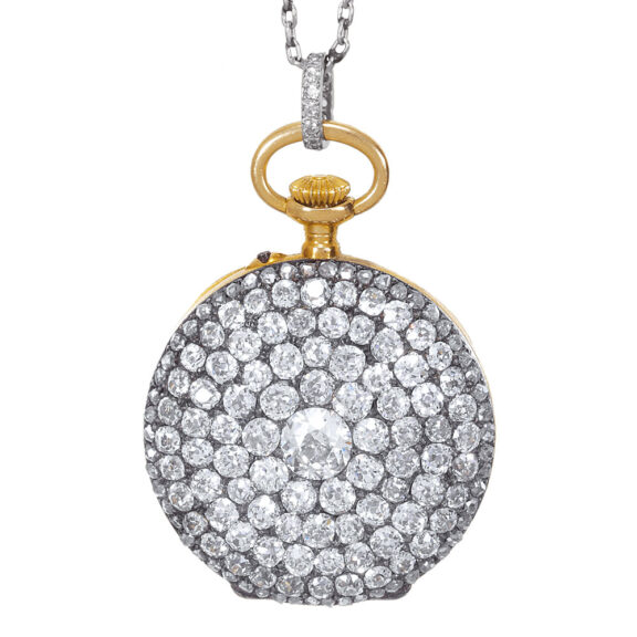 Swiss gold and diamonds lady's pendant watch Circa 1889