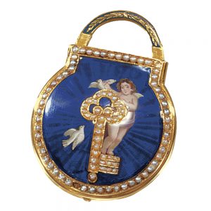 Swiss gold, royal bleu enamel padlock shape form watch Circa 1810