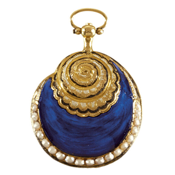 French 18k gold, enamel and pearls shell-form pendant watch Circa 1810