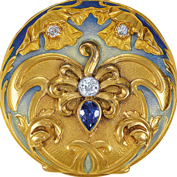 Swiss gold with sapphire and diamonds lady's pendant watch Circa 1903 Swiss gold with sapphire and diamonds lady's pendant watch Circa 1903