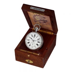 Swiss stainless steel watch in wooden deck box Circa 1943