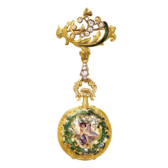 Swiss gold, enamel and diamonds pendant watch with brooch Circa 1900