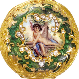 Swiss gold, enamel and diamonds pendant watch with brooch Circa 1900