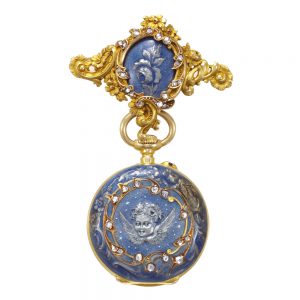 Swiss gold, enamel and diamonds pendant watch with brooch Circa 1900