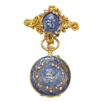 Swiss gold, enamel and diamonds pendant watch with brooch Circa 1900