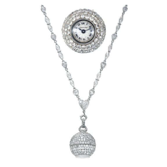 Elegant French platinum and diamond-set pendant ball watch Circa 1910