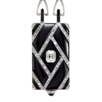 Swiss platinum, black onyx and diamond-set lapel watch Circa 1925