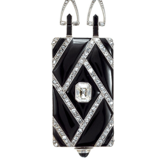 Swiss platinum, black onyx and diamond-set lapel watch Circa 1925 Swiss platinum, black onyx and diamond-set lapel watch Circa 1925