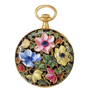 Swiss gold, polychrome and black cloisonné enamel watch Circa 1906