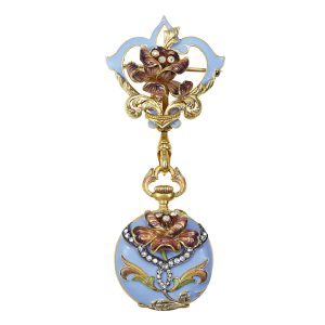 Swiss gold, enamel and diamonds brooch watch Circa 1910