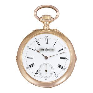 Swiss rose gold keyless lever with linear calendar Circa 1890