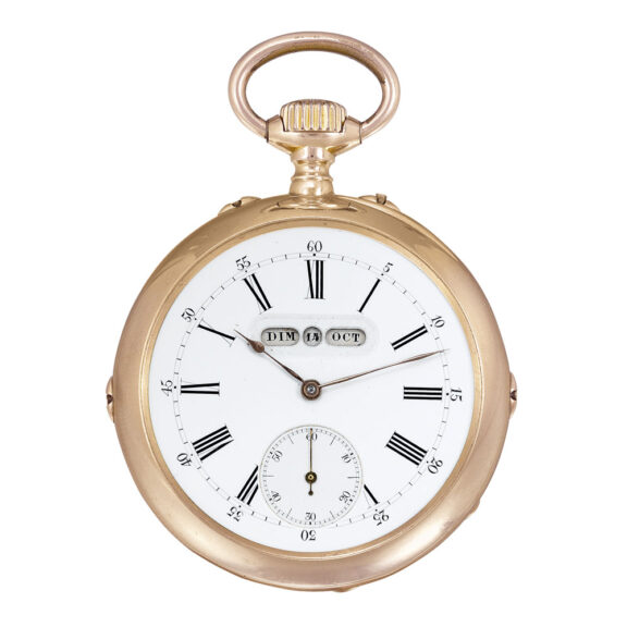 Swiss rose gold keyless lever with linear calendar Circa 1890