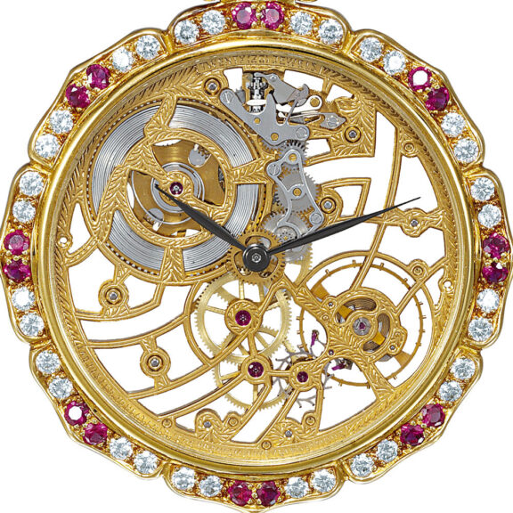 Skeletonized Swiss gold, diamond and ruby-set dress watch Circa 1980 Skeletonized Swiss gold, diamond and ruby-set dress watch Circa 1980