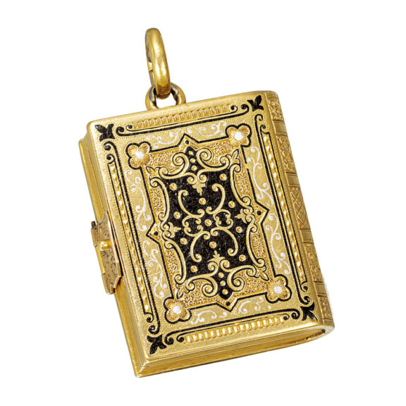 French gold, champlevé enamel book-form pendant watch Circa 1870 French gold, champlevé enamel book-form pendant watch Circa 1870
