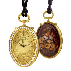 Swiss gold, enamel and pearl set lever pendant watch Circa 1960
