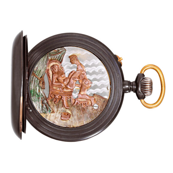 Swiss gunmetal watch with erotic automaton scene Circa 1900