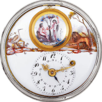 Swiss silver Adam and Eve animated watch with date Circa 1815