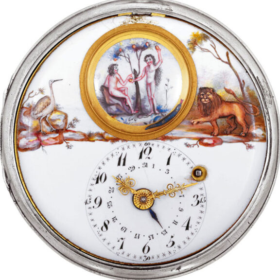 Swiss silver Adam and Eve animated watch with date Circa 1815 Swiss silver Adam and Eve animated watch with date Circa 1815