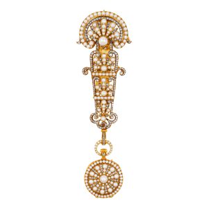 Swiss gold lady's pendant brooch watch and chatelaine Circa 1875