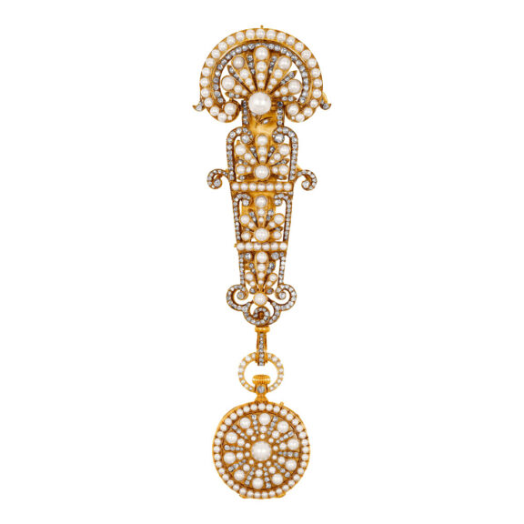 Swiss gold lady's pendant brooch watch and chatelaine Circa 1875