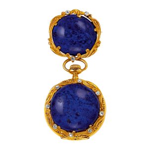 Unique Swiss gold, lapis lazuli and diamond lady's pendant watch Circa 1905