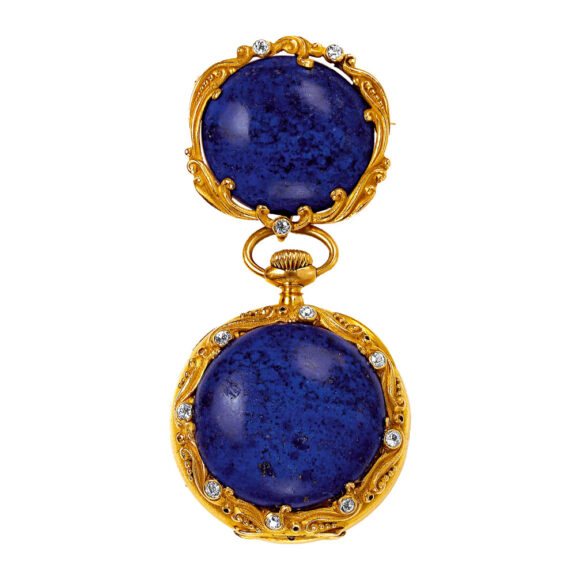 Unique Swiss gold, lapis lazuli and diamond lady's pendant watch Circa 1905