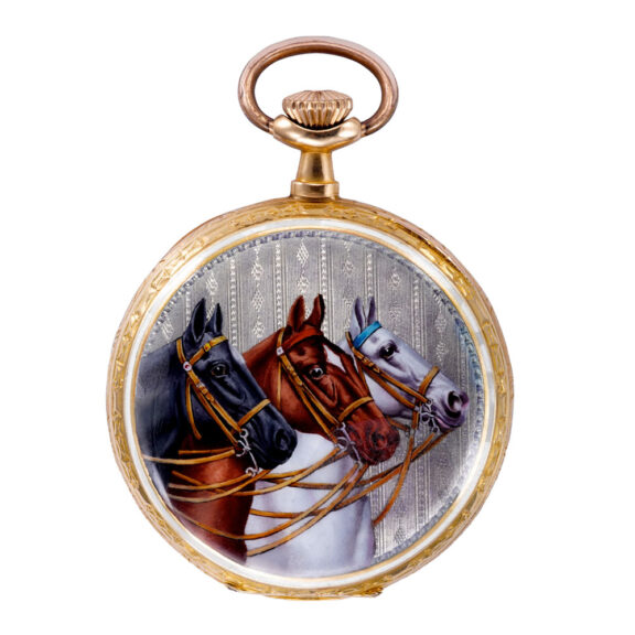 Swiss gold chronometer with cloisonné enamel scene Circa 1930