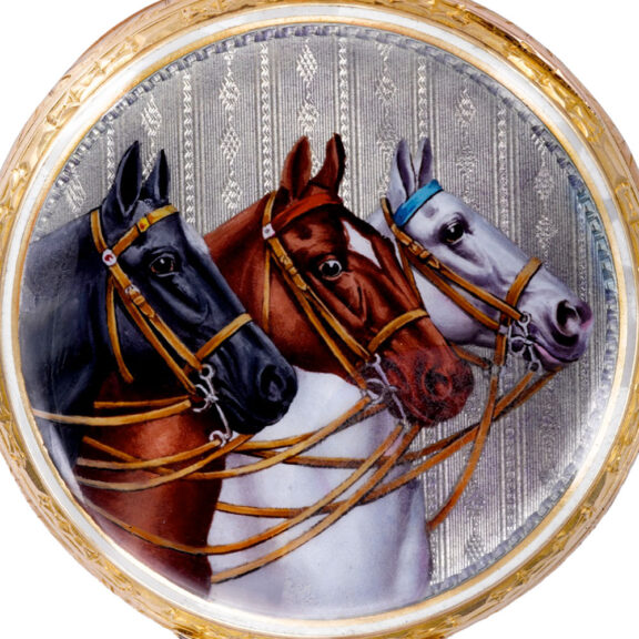 Swiss gold chronometer with cloisonné enamel scene Circa 1930 Swiss gold chronometer with cloisonné enamel scene Circa 1930