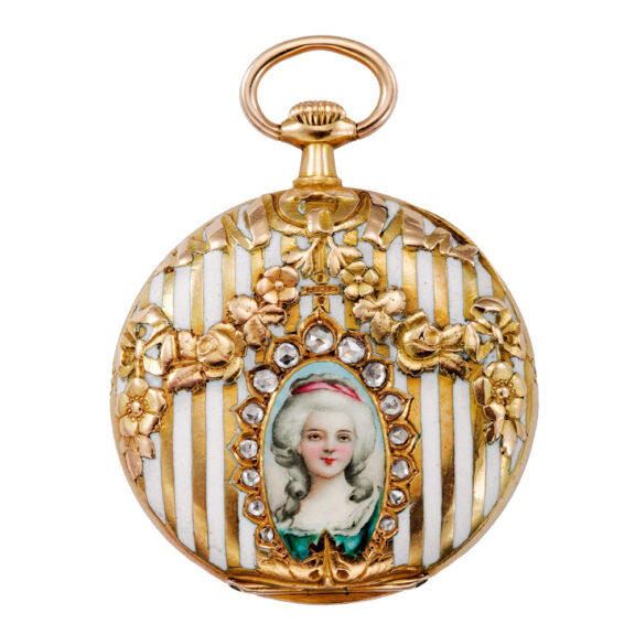 Swiss gold, enamel and diamond-set pendant watch Circa 1910