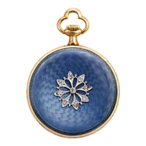 Swiss gold, diamonds and guilloché enamel pocket watch Circa 1900
