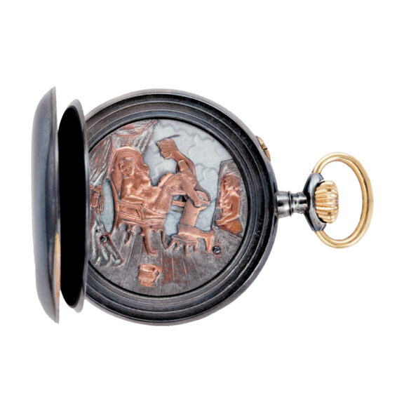 Unusual gunmetal lever watch with erotic automaton Circa 1870 Unusual gunmetal lever watch with erotic automaton Circa 1870