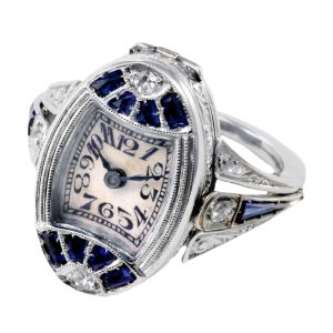 Swiss oval white gold, diamond and sapphire ring watch Circa 1930