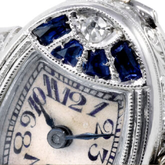 Swiss oval white gold, diamond and sapphire ring watch Circa 1930