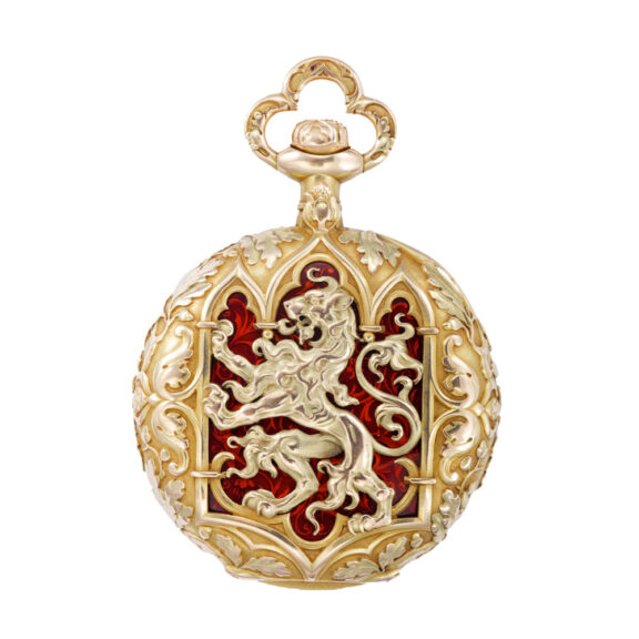 Rare Swiss 18k gold with translucent red enamel background Circa 1900