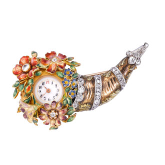 Swiss 18k gold brooch watch in the form of a cornucopia Circa 1910