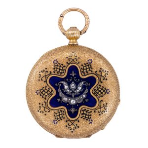 Swiss 18k gold, enamel and diamond-set fob watch Circa 1870