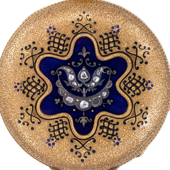 Swiss 18k gold, enamel and diamond-set fob watch Circa 1870 Swiss 18k gold, enamel and diamond-set fob watch Circa 1870