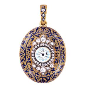 Indian gold, enamel and diamond-set oval pendant watch Circa 1820