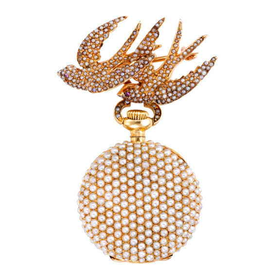 Swiss gold and pearl-set pendant brooch watch Circa 1900