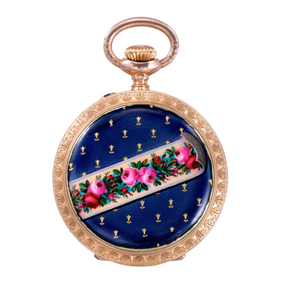 Swiss 14k pink gold and blue enamel lady's pocket watch Circa 1888