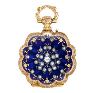 Swiss gold pendant watch with diamonds and blue enamel Circa 1890