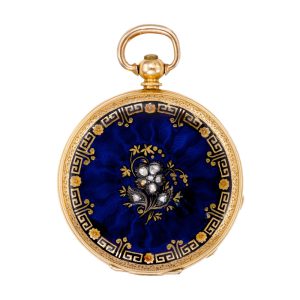 Swiss 18K yellow gold, enamel and diamond set watch Circa 1880