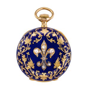 Swiss 18k gold pocket watch with blue enamel and diamonds Circa 1895