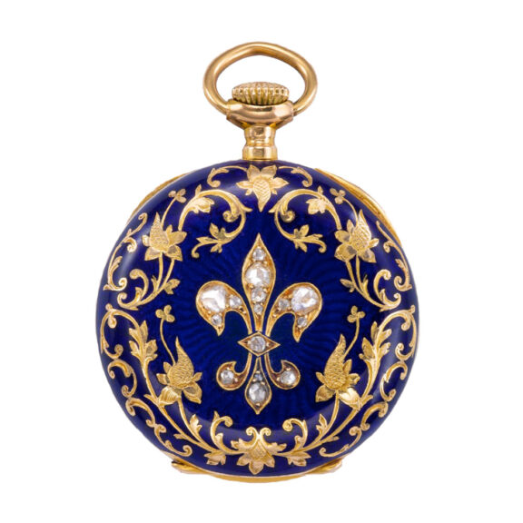 Swiss 18k gold pocket watch with blue enamel and diamonds Circa 1895