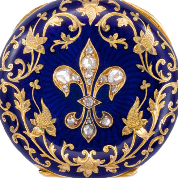 Swiss 18k gold pocket watch with blue enamel and diamonds Circa 1895 Swiss 18k gold pocket watch with blue enamel and diamonds Circa 1895