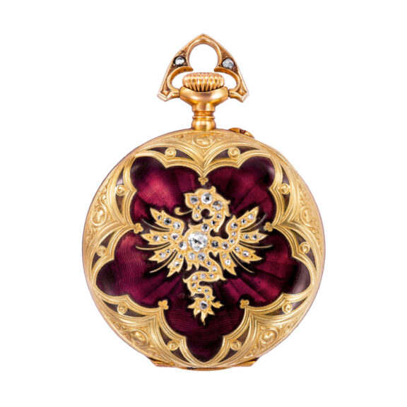Swiss gold, red enamel and diamonds in shape of a dragon Circa 1910