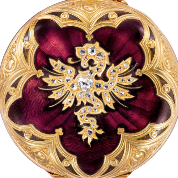 Swiss gold, red enamel and diamonds in shape of a dragon Circa 1910 Swiss gold, red enamel and diamonds in shape of a dragon Circa 1910
