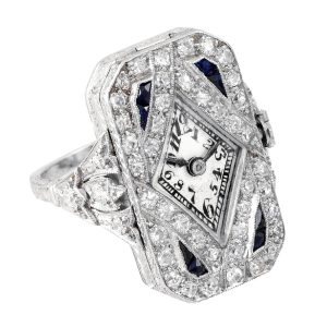 Swiss platinum diamond and sapphire ring watch Circa 1920